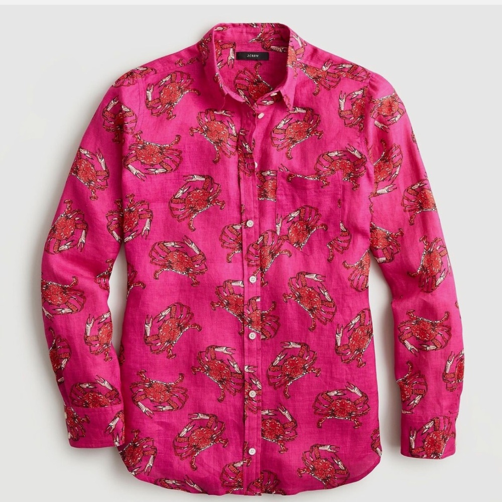 J Crew 100% linen NWT $118 Classic-Fit Boy Shirt in Ratti King Crab Print SZ 8